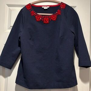 Boden Navy Blouse with Red Floral Accents